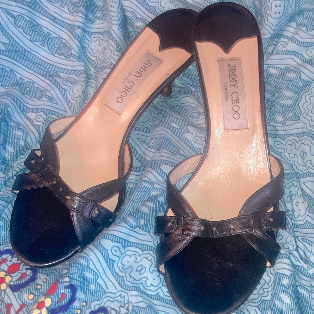 Jimmy Choo Black Leather Heeled Sandal Slides
